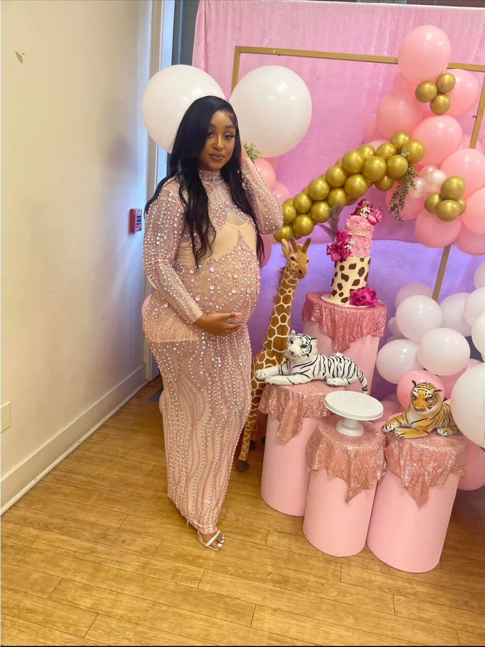 Elegant Pink Beaded Maternity Gown - Brand: